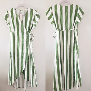 Striped Green & White High-Low Wrap Dress